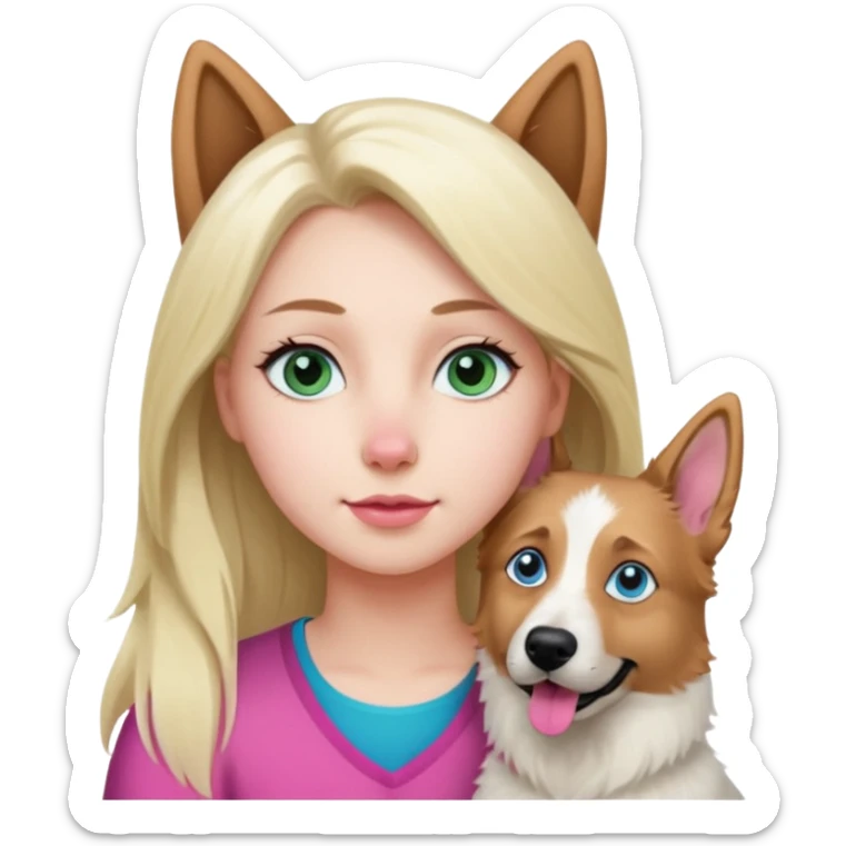 White European young woman with blue-green eyes and long blond hair with her white German Shepherd dog,the Dog has a pink nose and short fur  and Brown eyes sticker