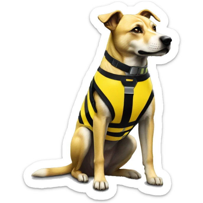 Yellow and black striped caution dog covered in caution tape and holographic harness graffiti sticker