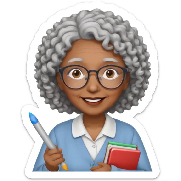 old woman teacher, brown skin, curly grey white hai, wearing glasses, hold chalk on hand sticker