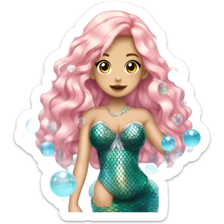 mermaid hime gyaru girl with fish scales, bubbles sticker
