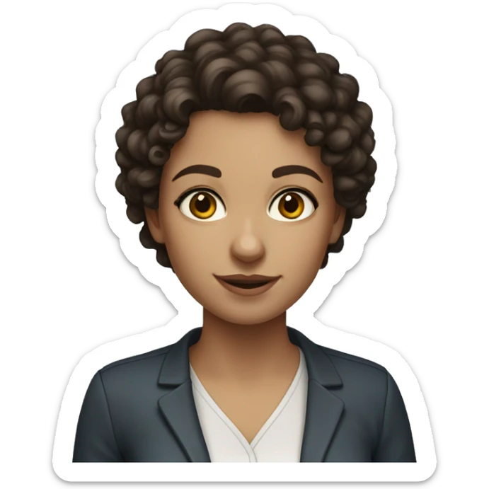 young female teacher with dark brown curly hair and blue eyes. No glasses. sticker