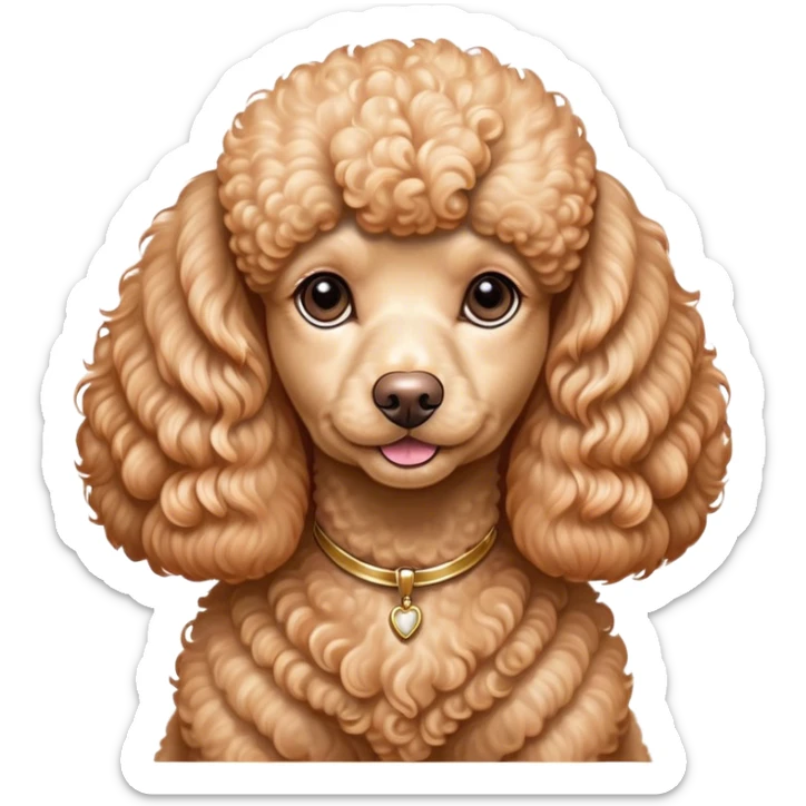Cinematic Noble Apricot Poodle Portrait Emoji, Poised and regal, with a refined, elegant build and a meticulously groomed, curly apricot Fur, deep-set soulful warm eyes, Simplified yet sharp and sophisticated features, highly detailed, glowing with a soft, dignified glow, high shine, intelligent and graceful, stylized with an air of sophistication, focused and attentive, soft glowing outline, capturing the essence of a watchful and confident companion, so majestic it feels as though it could prance out of the screen with effortless authority! sticker