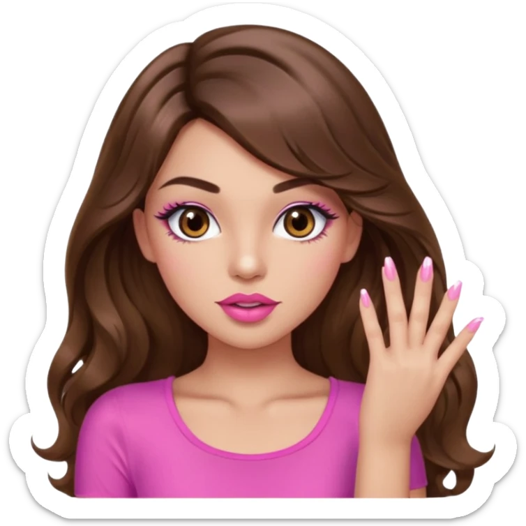 girl with long wavy brown hair, brown eyes, light to medium complexion, in a pink sexy top, pink puckered lips, long lashes, showing a manicure sticker