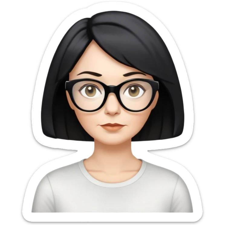 white woman about 50 years old with light warm skin, short black bob haircut to neck with slight waves at ends, neutral determined expression, large black shiny butterfly or cat-eye glasses, white casual t-shirt, calm and creative energy sticker