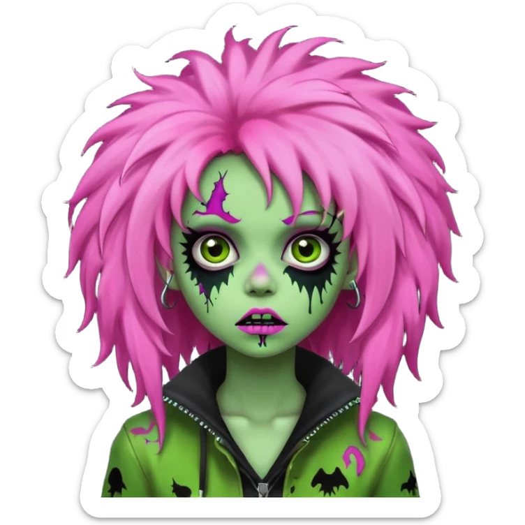 girl, green zombie,pink afro, long, emo, shaggy, dark, spooky,creepy expression sticker