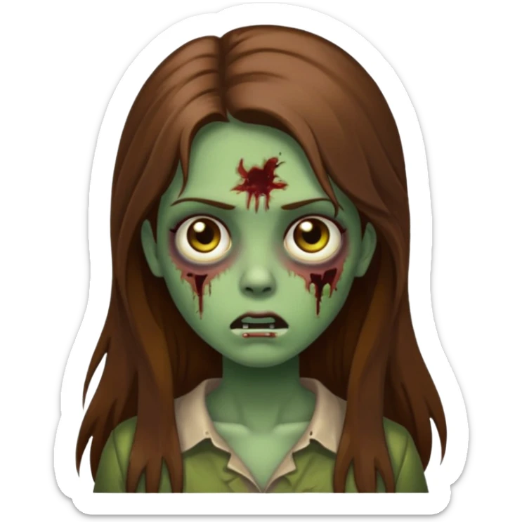 zombie girl with long brown hair greenish skin iOS emoji style sticker