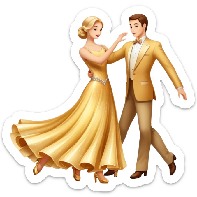 Humanless Icon for Ballroom Dance: elegant ballroom dance shoes, a sparkling dress, and a dance floor with a spotlight. The icon should capture the grace and elegance of ballroom dancing, with emphasis on movement and rhythm. Transparent background. sticker