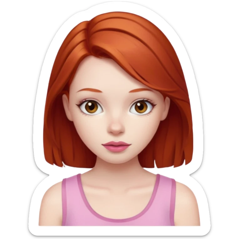 Redhead girl with deep brown eyes, pale skin with light red lips wearing a pink strap shirt sticker