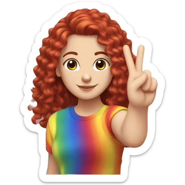 a white girl with long red curly hair in a pony tail with rainbow shirt does peace sign sticker