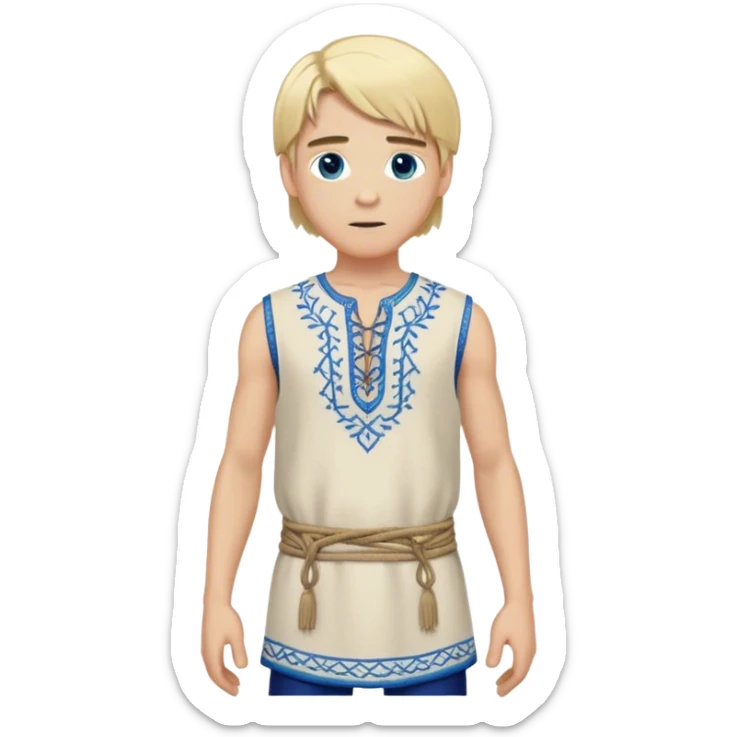 medieval summer outfit worn by a DnD themed fantasy male character. lightweight sleeveless wool tunic with a laced-up front and decorative embroidery. clothes only above the waist. The clothes full waist. The character's haven't arms. character is white-skinned, blonde hair, blue eyes, medium-length straight hair. sticker