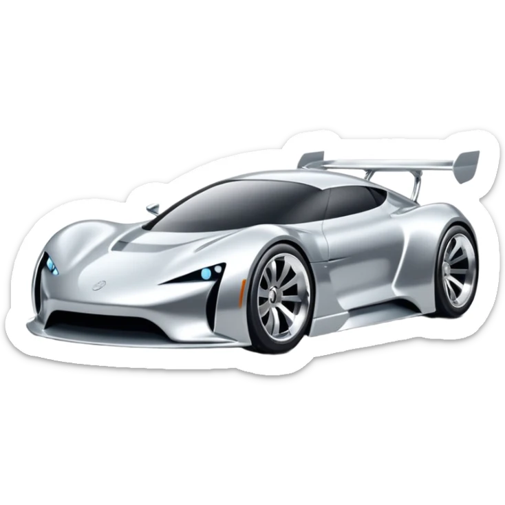 A low-profile futuristic car emoji made of polished silver chrome, wide body stance, smooth aerodynamic shape, glossy metallic surface, soft reflections, luxury swag aesthetic, minimal details, iOS emoji style, centered on clean white background, studio lighting sticker