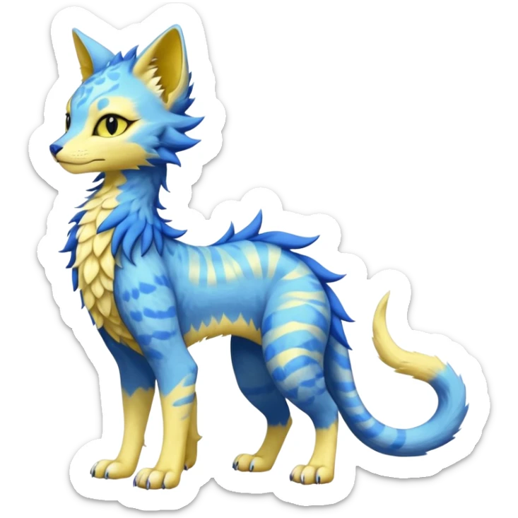 Kawaii yellow and blue beautiful pretty elegant divine edgy fantasy feline-vernid-sergal-fursona animal creature with a tufted tail full body with intricate markings  sticker