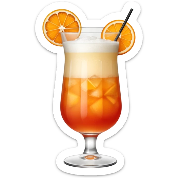 A tall glass filled with a frothy orange-red Garibaldi cocktail, topped with an orange wedge. sticker