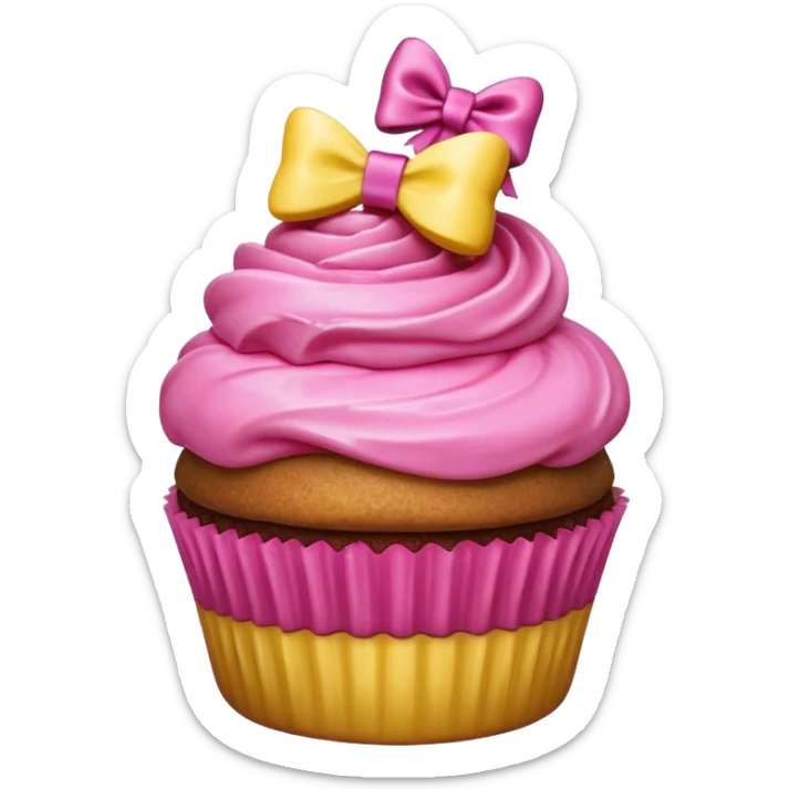 hyper realistic emoji of a bitten cupcake with pink frosting and a small gift bow on top, bitten part showing a tiny present inside, clean colorful emoji-style design sticker