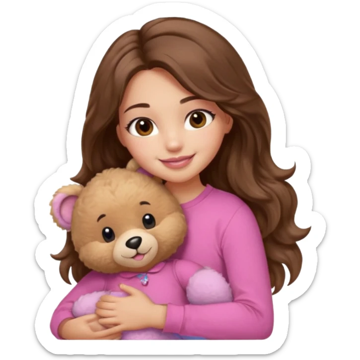 girl with long wavy brown hair, brown eyes, light to medium complexion, in a pink shirt, pink lips, long lashes, smiling, hugging a teddybear sticker