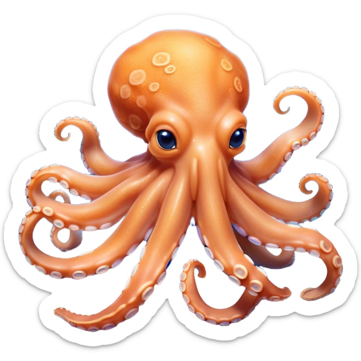 Beautiful and Majestic smiling Octopus Portrait Emoji, Head and body resting in serene repose with a gentle, content smile, showcasing a soft, light orange form adorned with elegant blue rings and delicately arranged arms, Simplified yet exquisitely endearing features, highly detailed, glowing with a soft, drowsy underwater light, high shine, relaxed and utterly enchanting, stylized with an air of majestic aquatic beauty, soft glowing outline, capturing the essence of a beautiful and majestic octopus that embodies the enchanting spirit of the deep! sticker