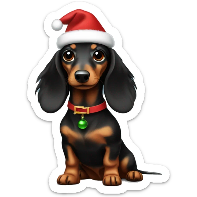 Mini long-haired, dachshund, black and brown colors wearing a Christmas dress sticker