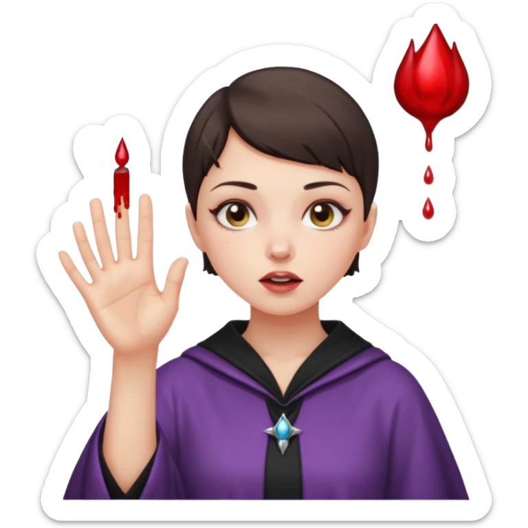 A buzz cut brunette girl with nose bleed and her hand reaching out as if she is putting a spell  sticker