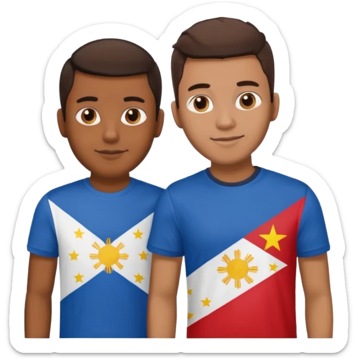 2 male Best buds , one in showing Philipines flag tshirt, one is showing Spain flag sticker