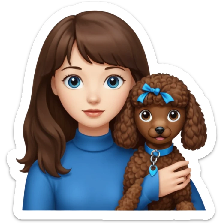 Kobieta z długimi brązowymi włosami, ma grzywkę i niebieskie oczy. Trzyma na rękach brązowego pudelka. sticker