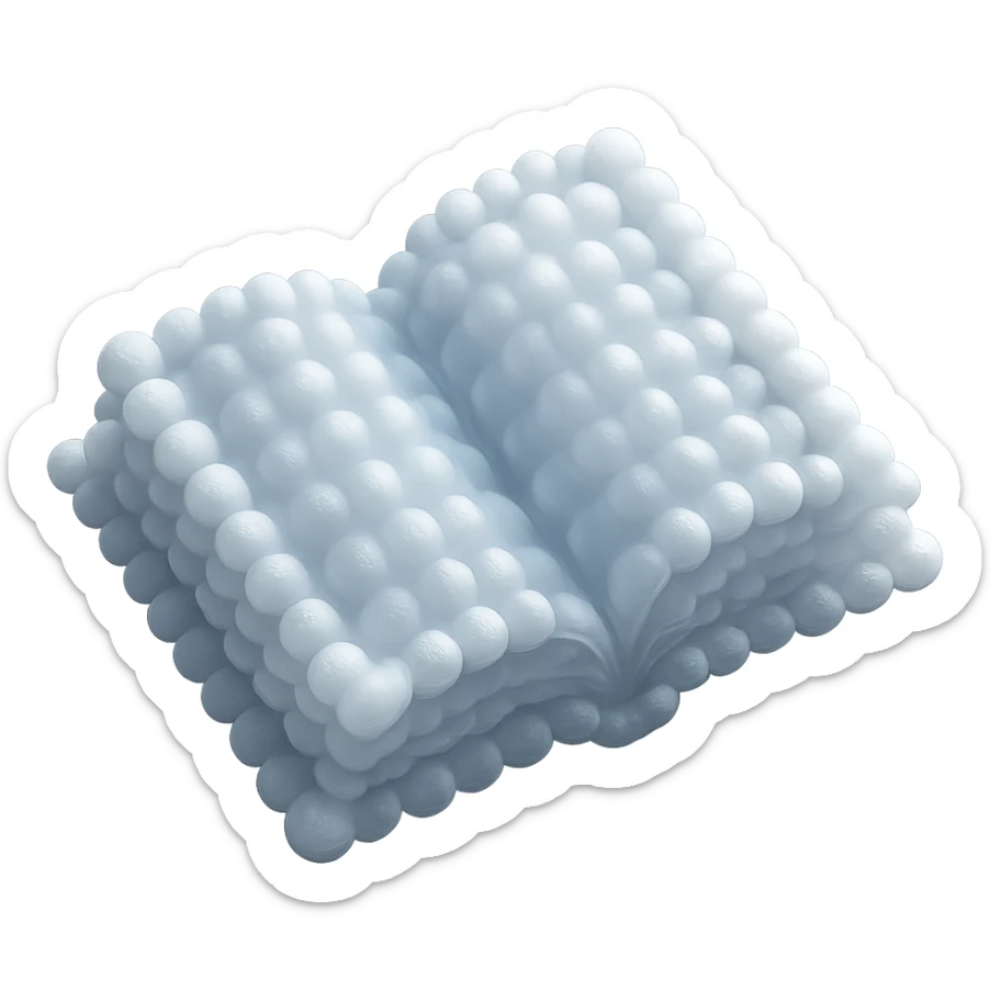 top view of a thick open book made entirely of small, very bright white fluffy convex clouds, matte glass style sticker