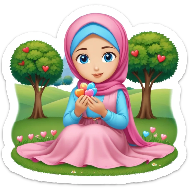 Turkish beautiful finish Konya girl blue eyes with candy hijab long tail dress and sits on the grass on the ground and sends hearts with her hand  sticker