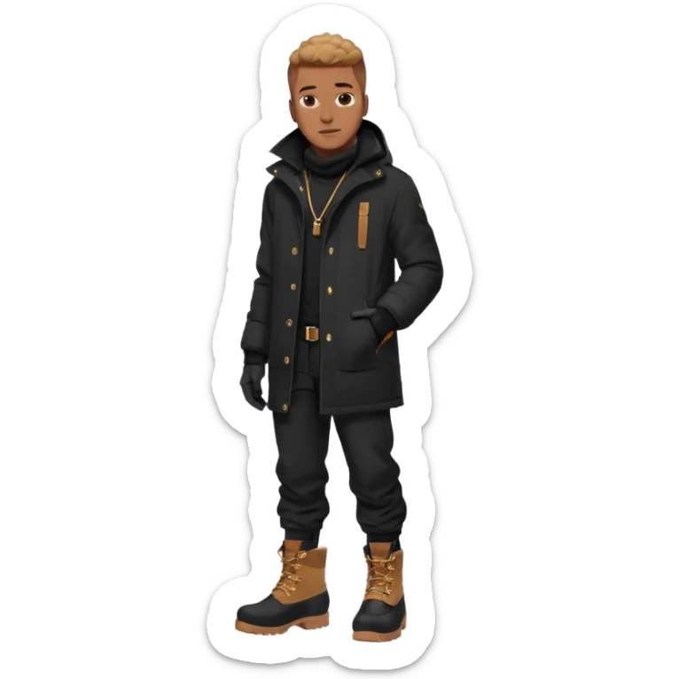 Handsome Black grown man with brown skin tone, wearing black joggers, a black weather coat, and buckwheat timberland boots, and black gloves sticker