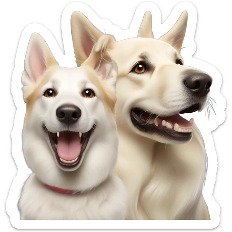 One white German shepherd dog barking and her cream golden retriever sister smiling  sticker