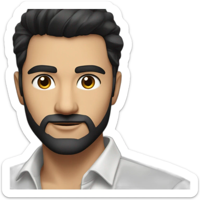 close up of white skin indian in plain white shirt with sleeve up and quiff black hair style and beard sticker