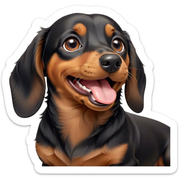 Cinematic Cute Yawning black and tan Dachshund Portrait Emoji, Head tilted slightly with a dramatic, wide-open yawn, showcasing a smooth black and tan coat with a subtle luster, floppy ears slightly drooping, round brown eyes barely open in drowsy contentment, Simplified yet irresistibly adorable features, highly detailed, glowing with a soft, cozy glow, high shine, relaxed yet expressive, stylized with a touch of whimsy, bright and endearing, soft glowing outline, capturing the essence of a sleepy yet affectionate companion, so drowsy it feels like it could stretch right out of the screen and curl up for a nap! sticker