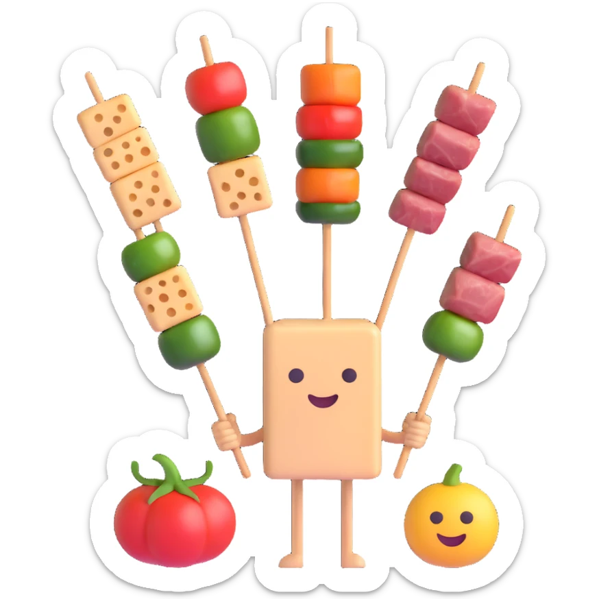 AI emoji, malatang ingredients (tofu, vegetables, meat skewers) with AI tech motifs, vibrant and playful sticker