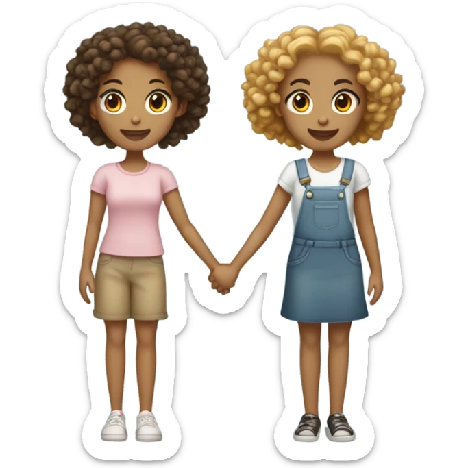 Full body, Two girls holding hands light skin  one  with a curly bun and one  with curly hair sticker