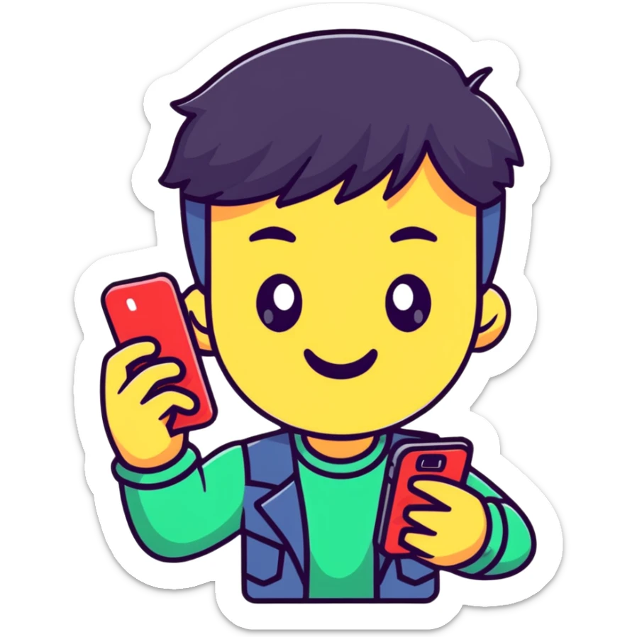 cheerful cartoon teenager holding a phone with 'Tax Refund!' notification, sparkling eyes, sticker design, transparent background sticker