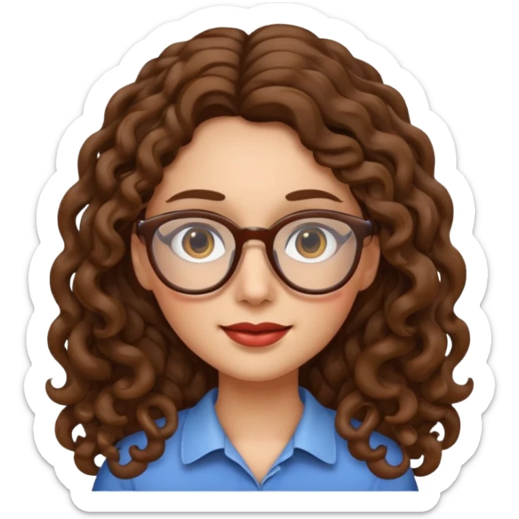 apple style emoji of a female face with long curly hair and glasses sticker