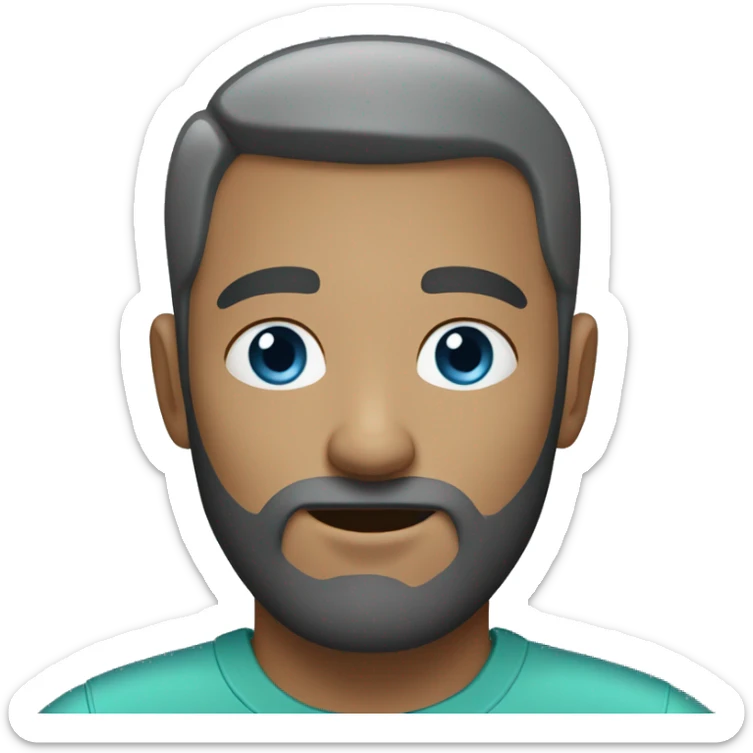 man with very short beard and very short hair. the hair is a little bit grey (with a little black). greyish green shirt. he has blue eyes. sticker