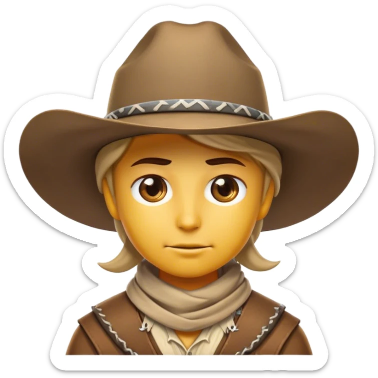 Clash of Clans aesthetic friendly Cowboy Portrait Emoji, With a rugged yet stylized build wearing a classic wide-brimmed hat and bandana, his face rendered in a natural skin tone (not yellow), determined eyes and a steely gaze, Simplified yet dynamic features, highly detailed, glowing with a warm, sunlit frontier radiance, high shine, brave and spirited, stylized with an air of Wild West heroism, focused and ready, soft glowing outline, capturing the essence of a fearless cowboy adventurer ready to ride into epic quests! sticker