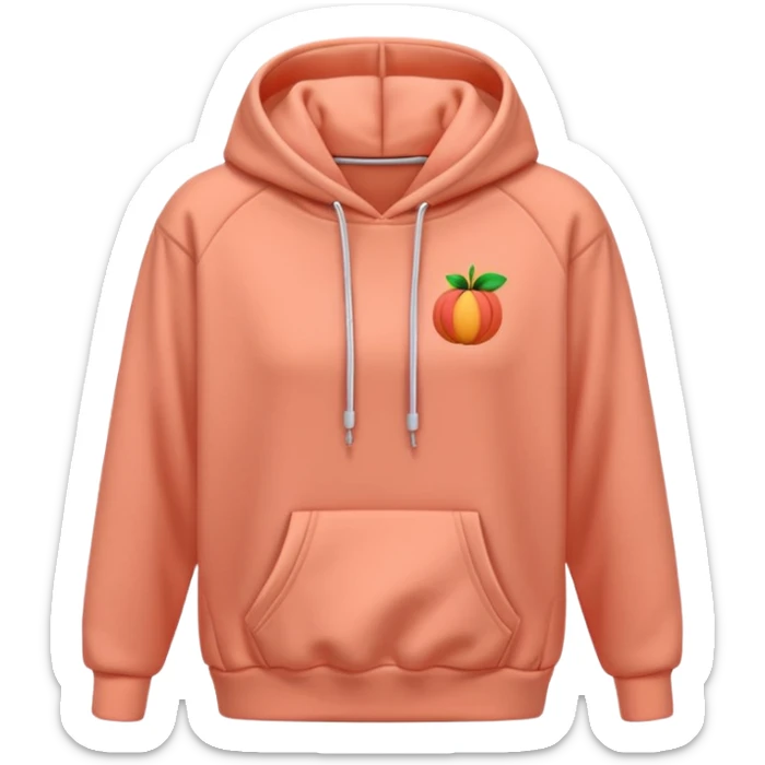 A 3D cartoon peach-coral hoodie with soft folds, drawstrings, and a casual fit, isolated plain background. sticker