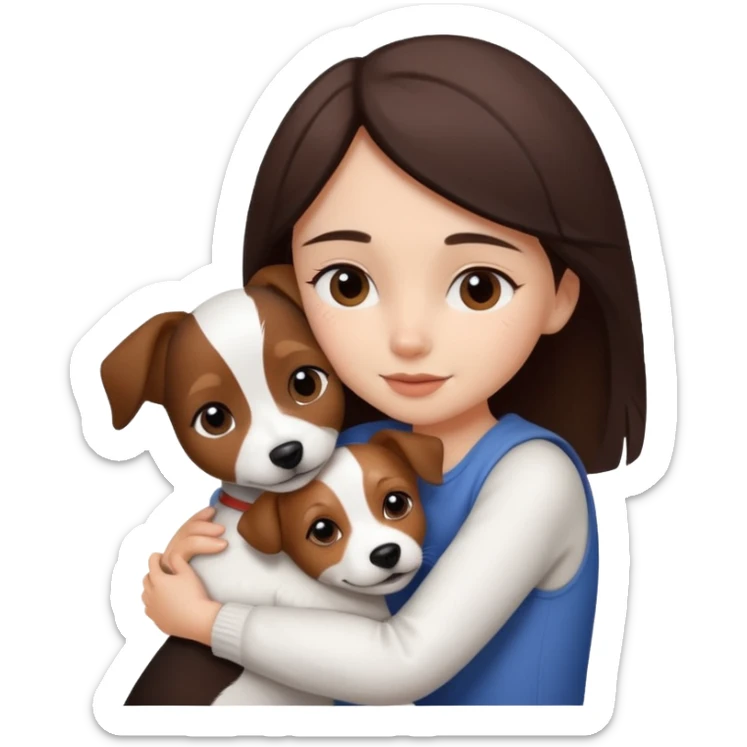 a girl and her dog, a little jack russell dark brown and white. She hugs it sticker