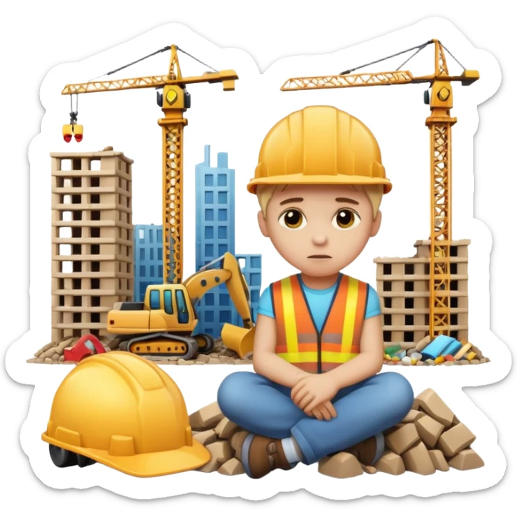 apple style emoji of a toppled city construction set with a sad child sticker