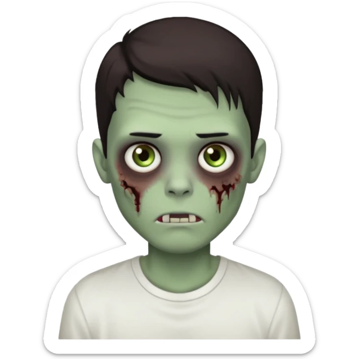 Um garoto zombie de cabelo castanho escuro, quase preto, com um cabelo médio, com olhos castanhos esverdeados, de camisa branca sticker