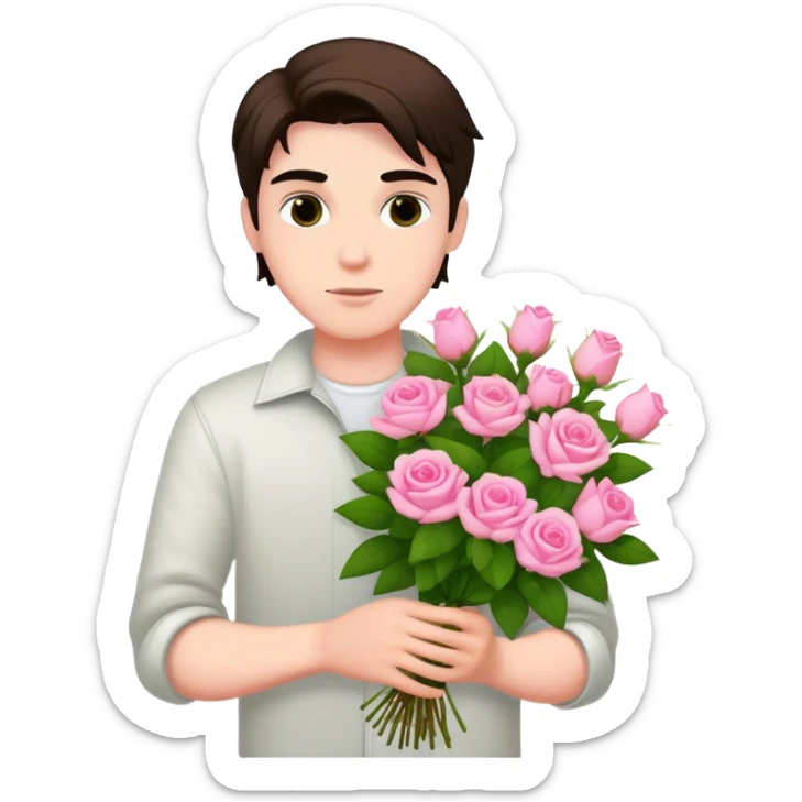 A cool bad boy with fair skin holding a bouquet of pink jasmine roses sticker