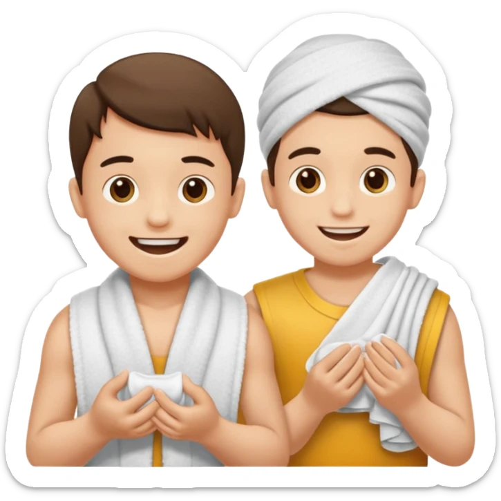 un niño pequeño y un hombre jugando al juego de tirar la soga, en vez de soga una toalla blanca sticker