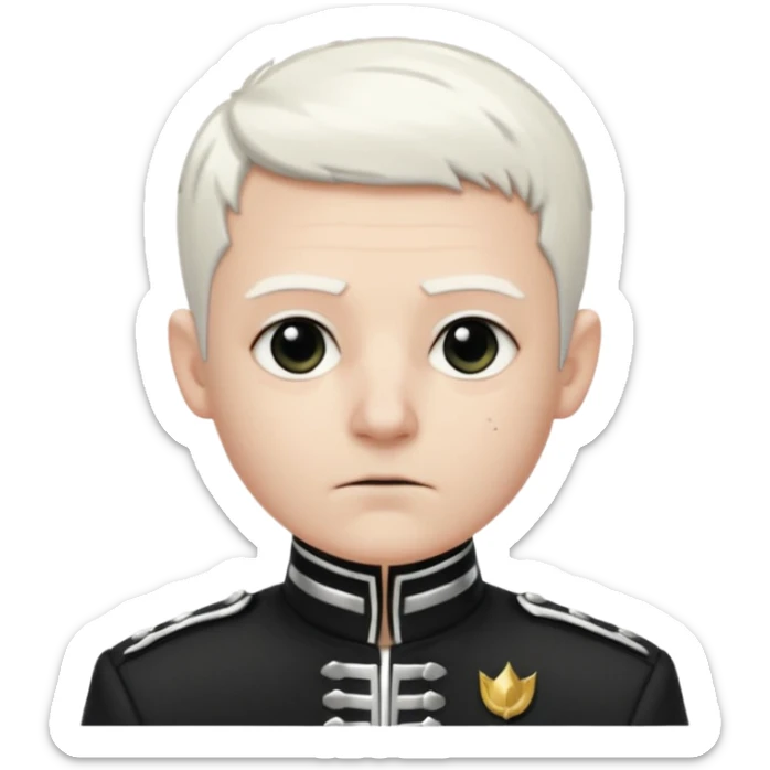 Head and shoulders emoji of a pale man with short white hair, wearing a black marching band jacket with silver trim. black eyeliner. Expression stoic, commanding, and theatrical, heroic emo style sticker