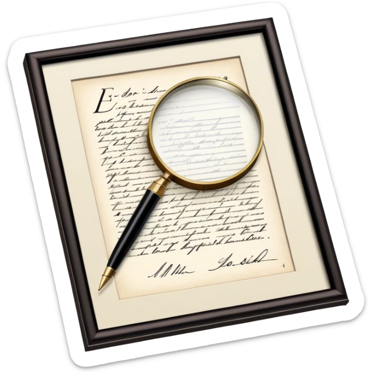 Icon for Autograph Collecting: a signed piece of paper or book page with a famous signature, surrounded by a pen, a magnifying glass, and a collection of framed autographs. Transparent background. sticker