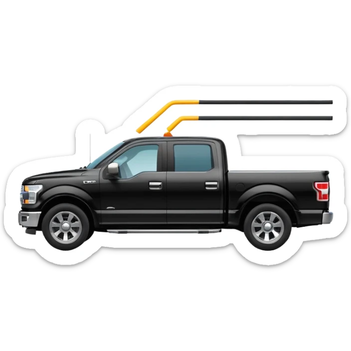 A simple emoji-style icon of a black F150 pickup truck driving on a road with motion lines behind it, viewed from the side, shiny black color with chrome details, minimal flat design, vibrant colors, transparent background sticker