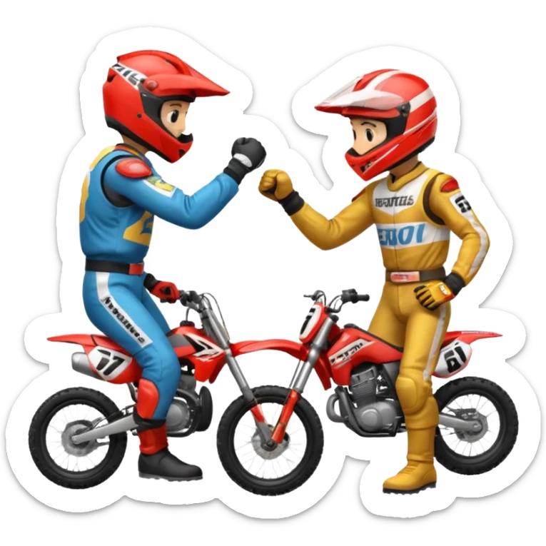 2 dirtbike racers in gear and gloves fist bumping sticker