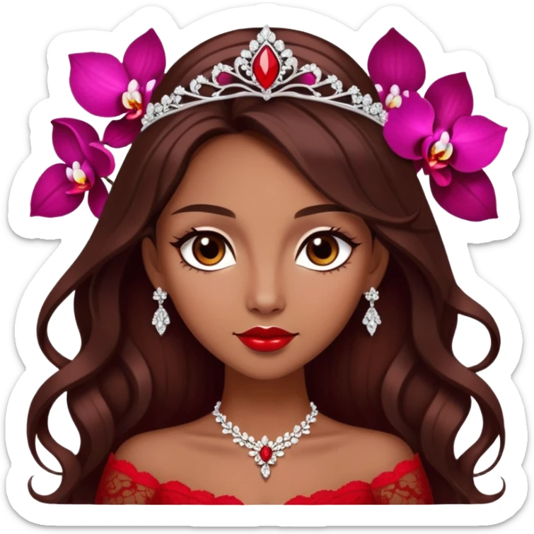 enchantress with brown eyes and tanned skin and long chocolate brown hair wearing a embellished scarlet red and white lace gown with orchid tiara sticker