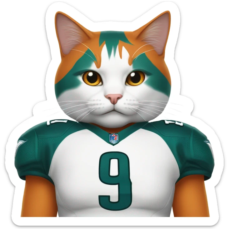 A cat he is white and orange, orange in the top of his head and ears and a orange mustache. Can you make him wear a Philadelphia eagles jersey  sticker