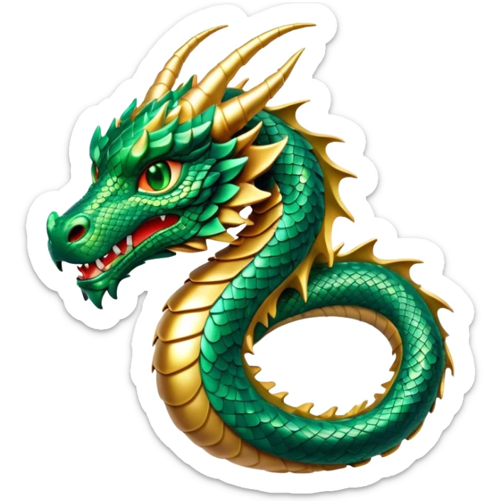 Cinematic Noble Dragon Portrait Emoji, Poised and majestic, with a sinuous, elongated body covered in intricately detailed, shimmering scales in hues of emerald and gold, and piercing, fiery eyes that reflect ancient wisdom; rendered with lifelike texture and natural highlights, high shine, intelligent and formidable, styled with an aura of mythic power, focused and attentive, soft glowing outline, capturing the essence of a legendary dragon that appears ready to soar out of the screen with timeless authority! sticker