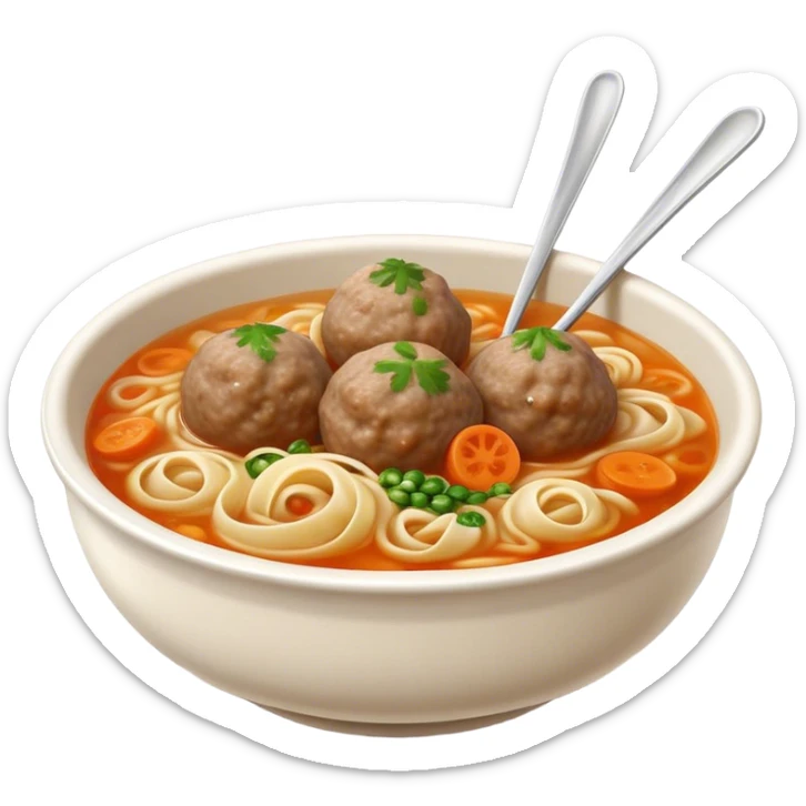 Cinematic Realistic Bakso Dish Emoji, showcasing savory meatball soup with noodles rendered with detailed textures and warm, inviting lighting. sticker